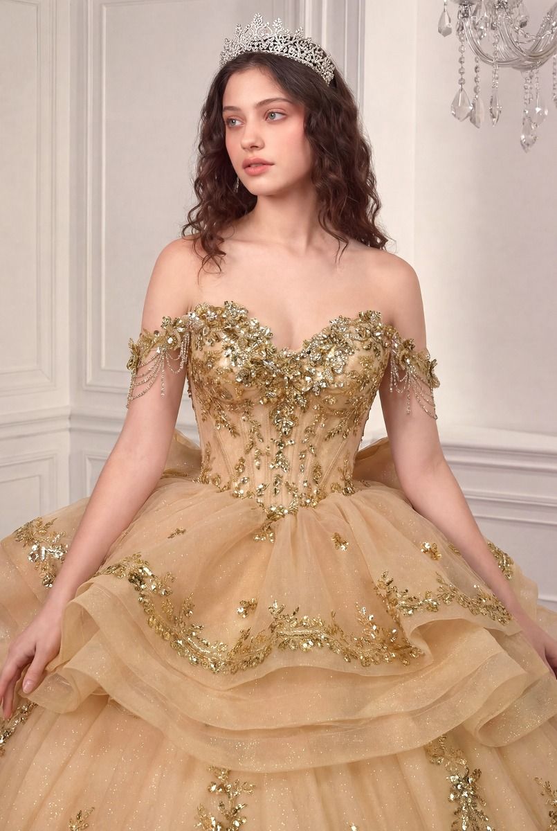 Off-the-Shoulder Floral Appliqué Quinceañera Ball Gown with Statement Bow (15746)