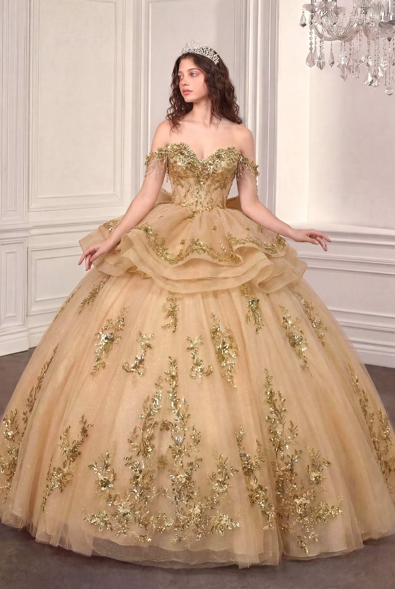 Off-the-Shoulder Floral Appliqué Quinceañera Ball Gown with Statement Bow (15746)