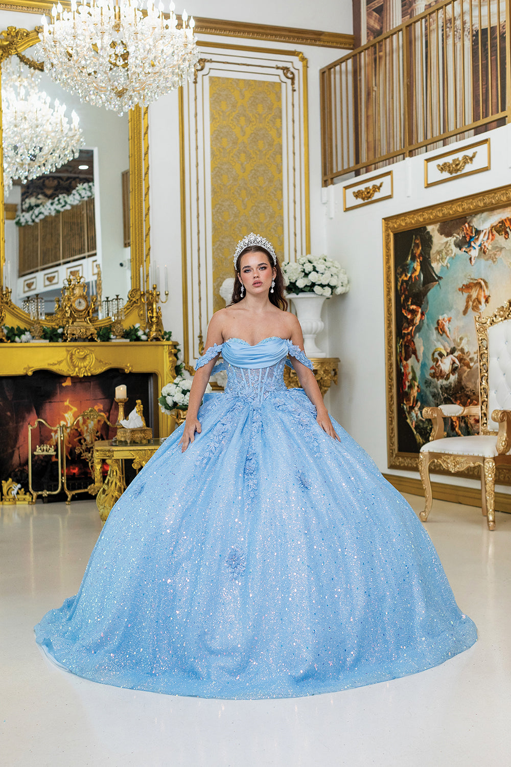 Off-Shoulder Glitter Quinceañera Ball Gown with Corset Bodice and Statement Bow (1984)