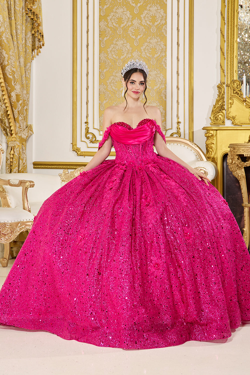 Off-Shoulder Glitter Quinceañera Ball Gown with Corset Bodice and Statement Bow (1984)