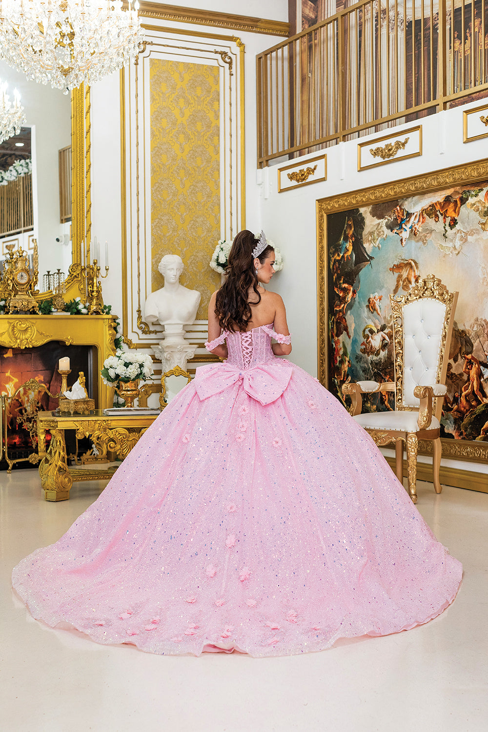 Off-Shoulder Glitter Quinceañera Ball Gown with Corset Bodice and Statement Bow (1984)