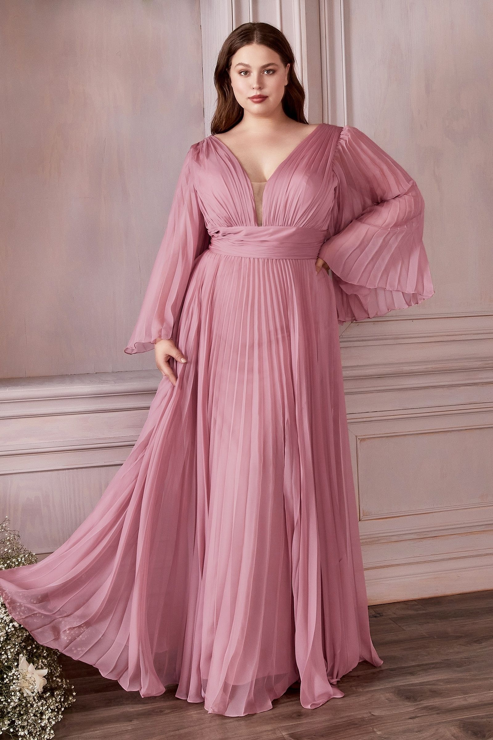 Pleated Chiffon Long Sleeve Gown (CD242C)