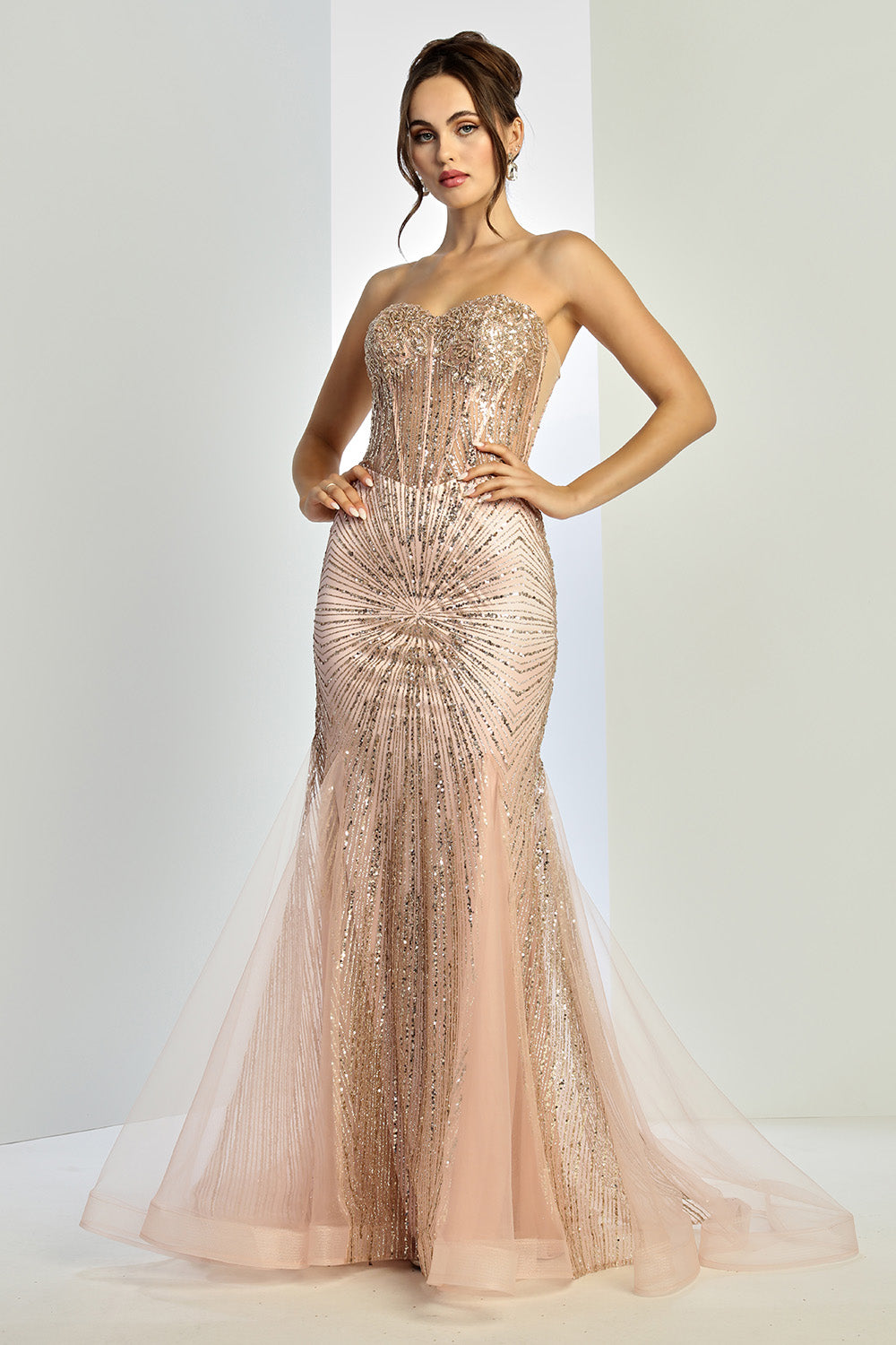 Glamorous Strapless Sequin Corset Mermaid Gown with Sheer Panels and Tulle Train (3278)