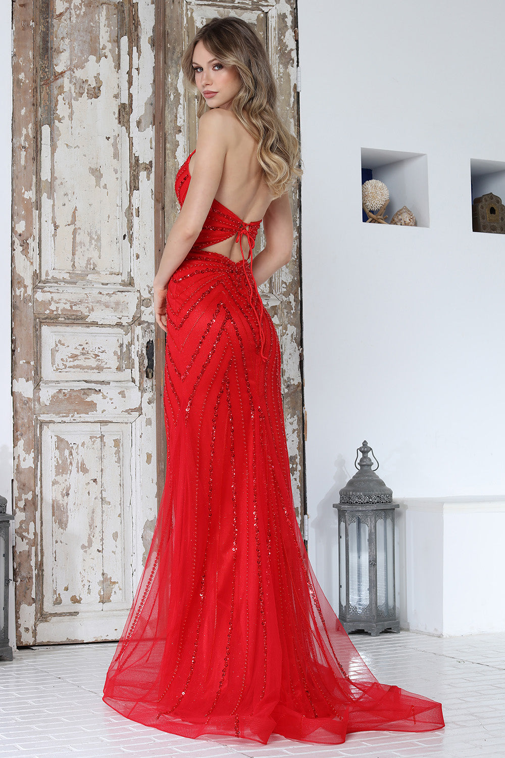 Glamorous Sequin Halter Mermaid Gown with Open Back and Sheer Train (3350)