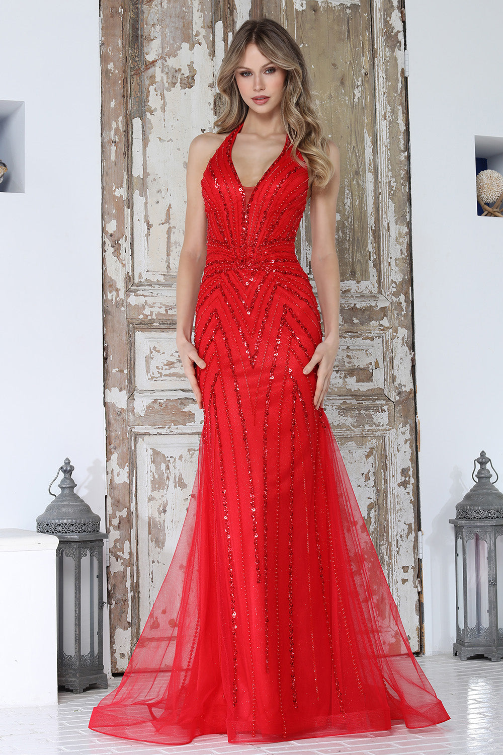 Glamorous Sequin Halter Mermaid Gown with Open Back and Sheer Train (3350)