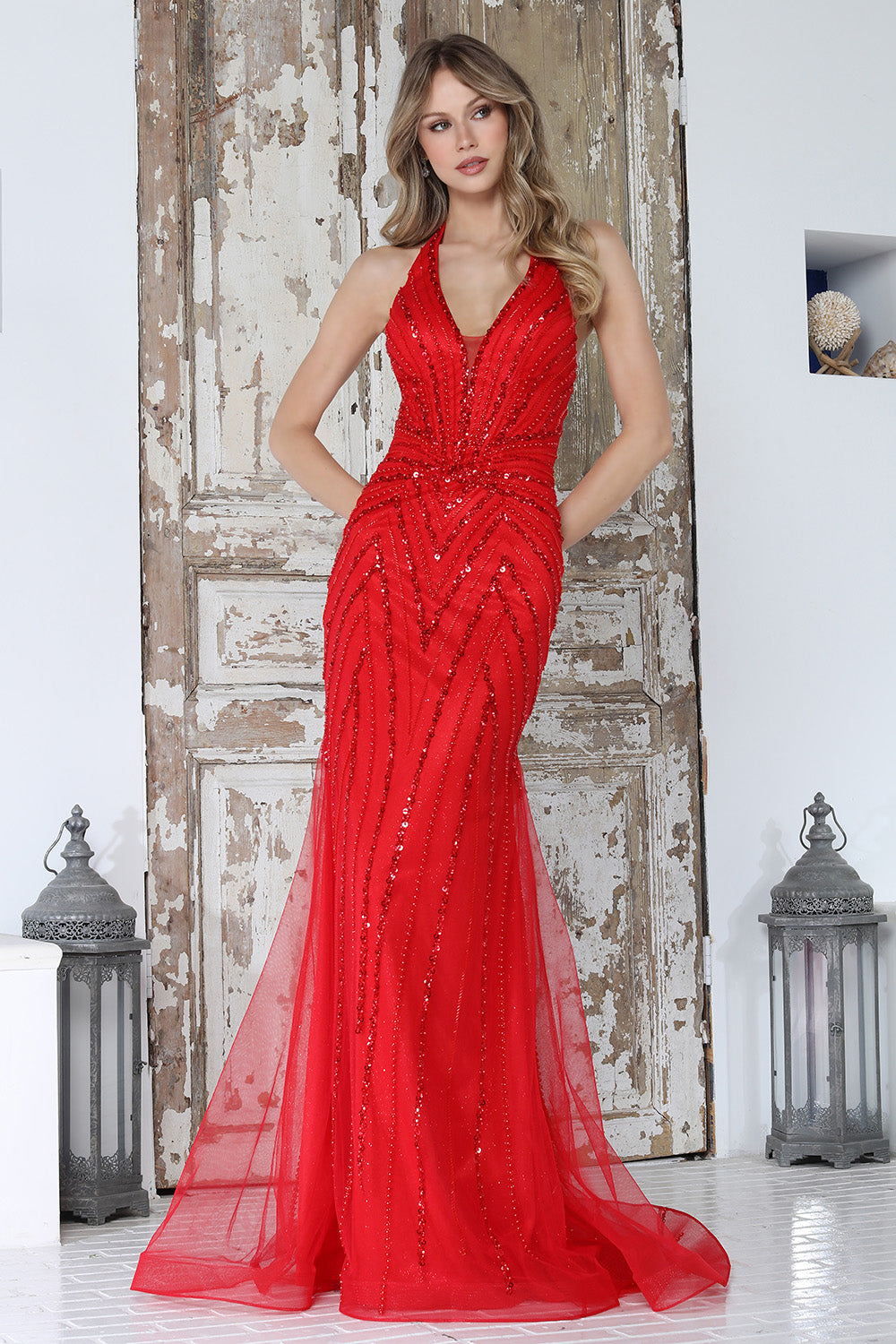 Glamorous Sequin Halter Mermaid Gown with Open Back and Sheer Train (3350)