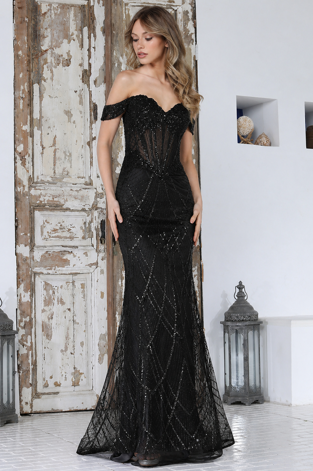 Glamorous Off-Shoulder Sequin Corset Mermaid Gown with Lace-Up Back (3359)