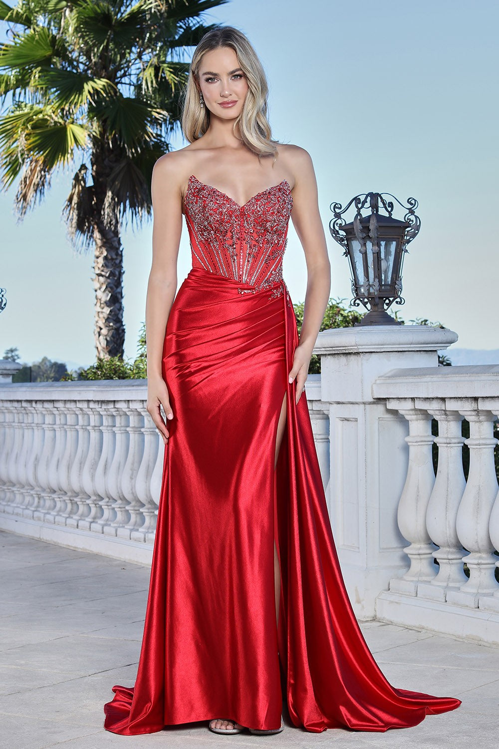 Elegant Strapless Beaded Corset Gown with Draped Satin Skirt and High Slit (3364)