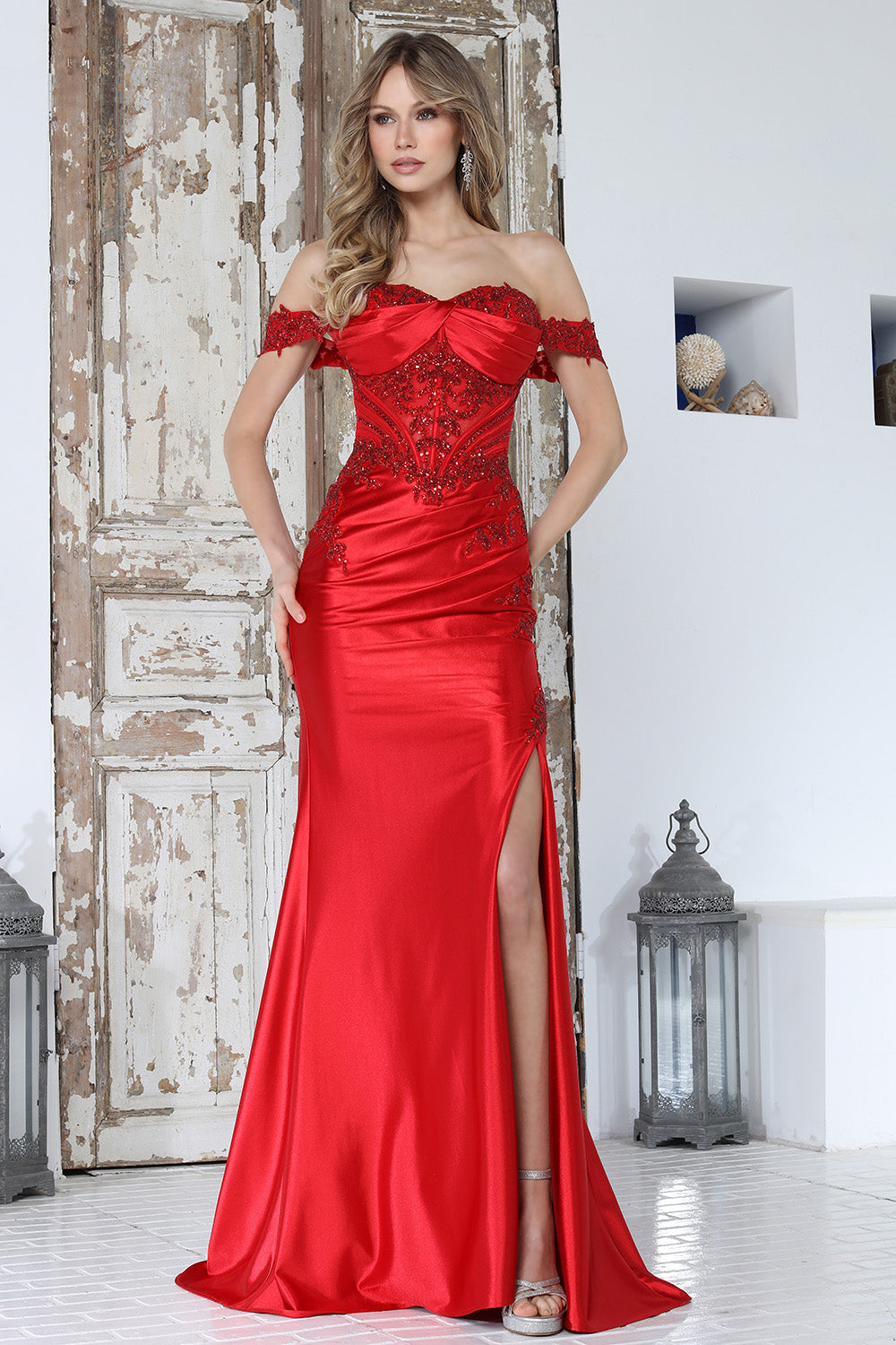 Romantic Off-Shoulder Lace Corset Satin Gown with Draped Skirt and High Slit (3376)