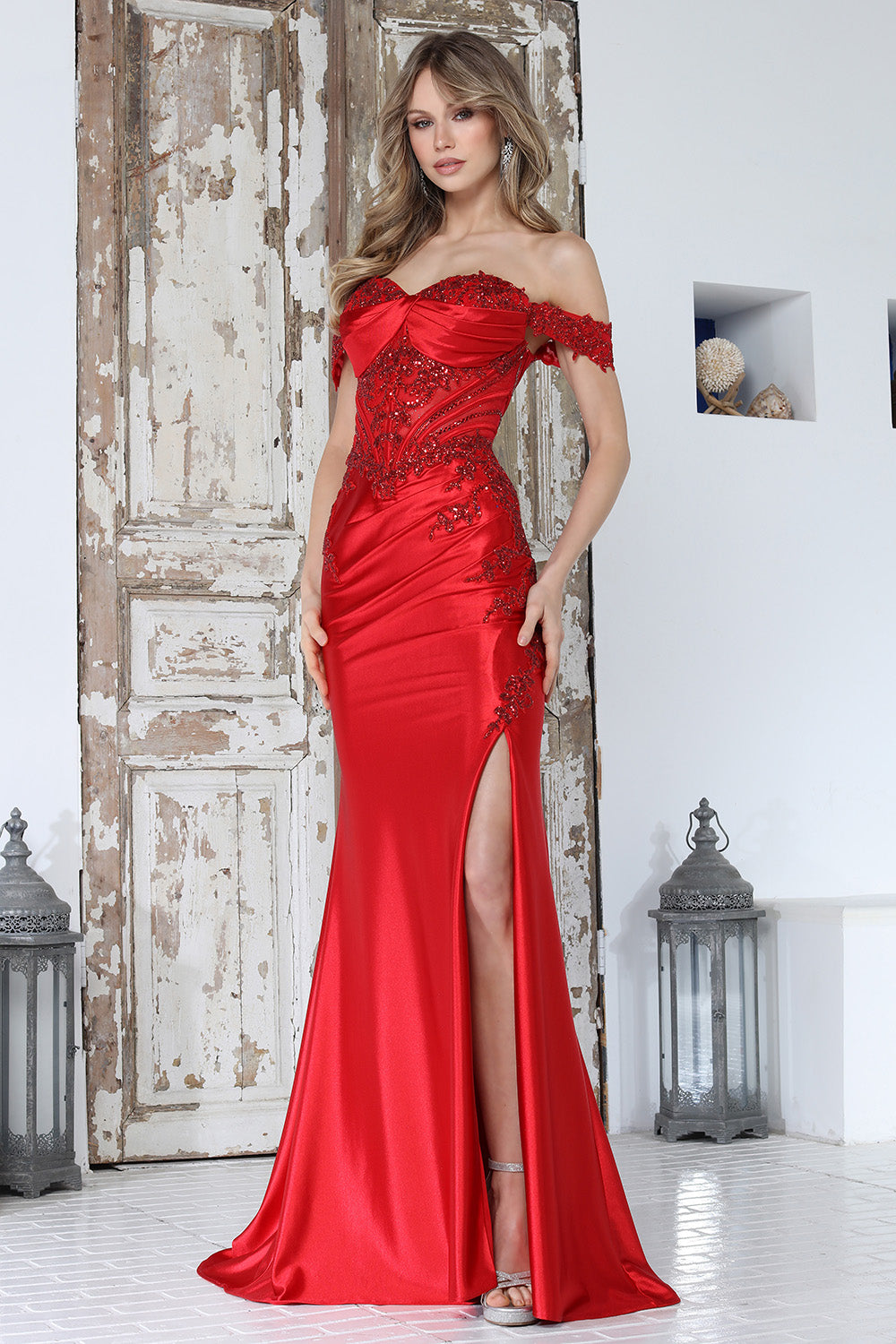 Romantic Off-Shoulder Lace Corset Satin Gown with Draped Skirt and High Slit (3376)