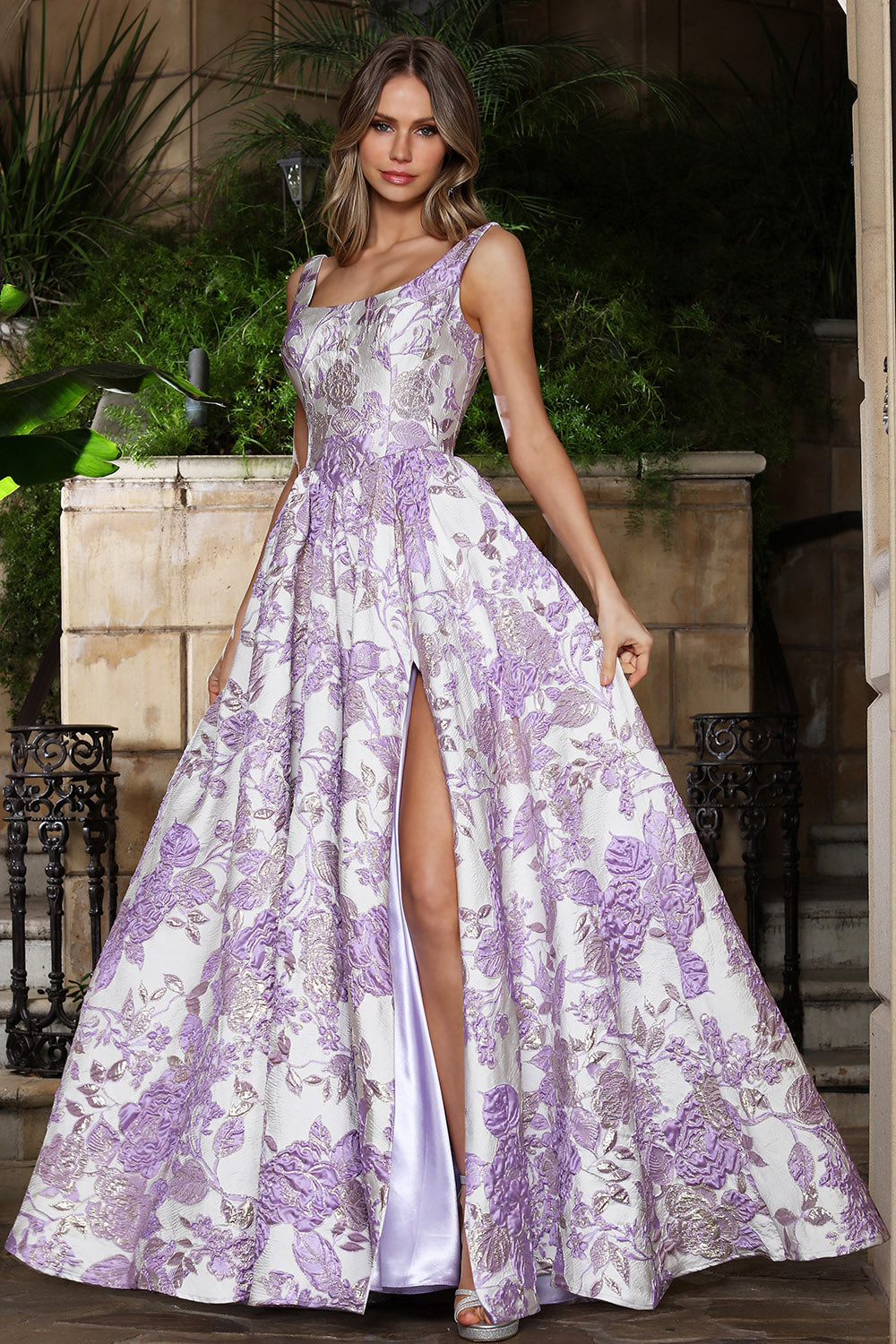 Romantic Floral A-Line Gown with Scoop Neckline and High Slit (3379)