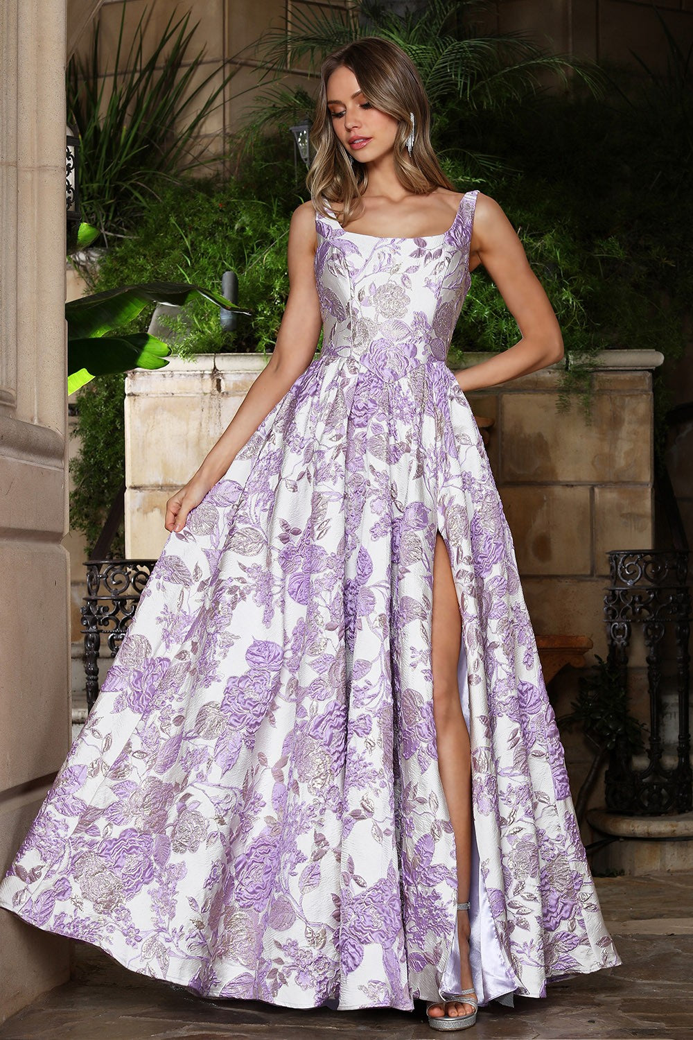 Romantic Floral A-Line Gown with Scoop Neckline and High Slit (3379)