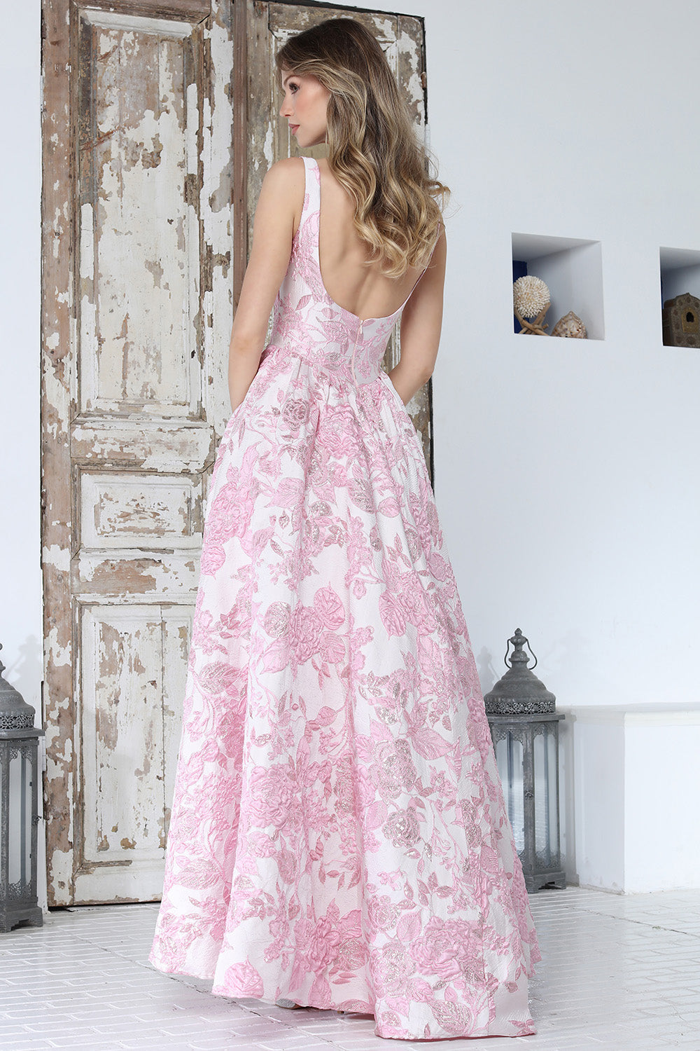 Romantic Floral A-Line Gown with Scoop Neckline and High Slit (3379)