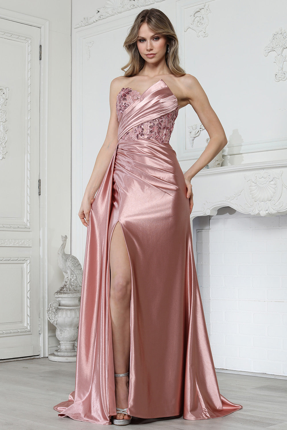 Satin Draped Bodice Embroidered Slit Fitted Gown (3381)