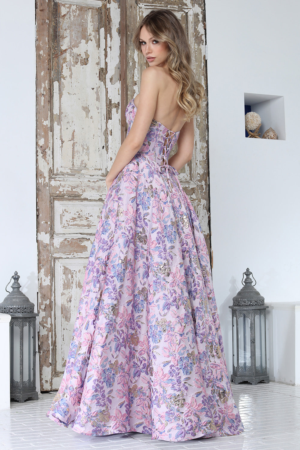 Romantic Floral Ball Gown with Sweetheart Corset Bodice and Full Skirt (3385)