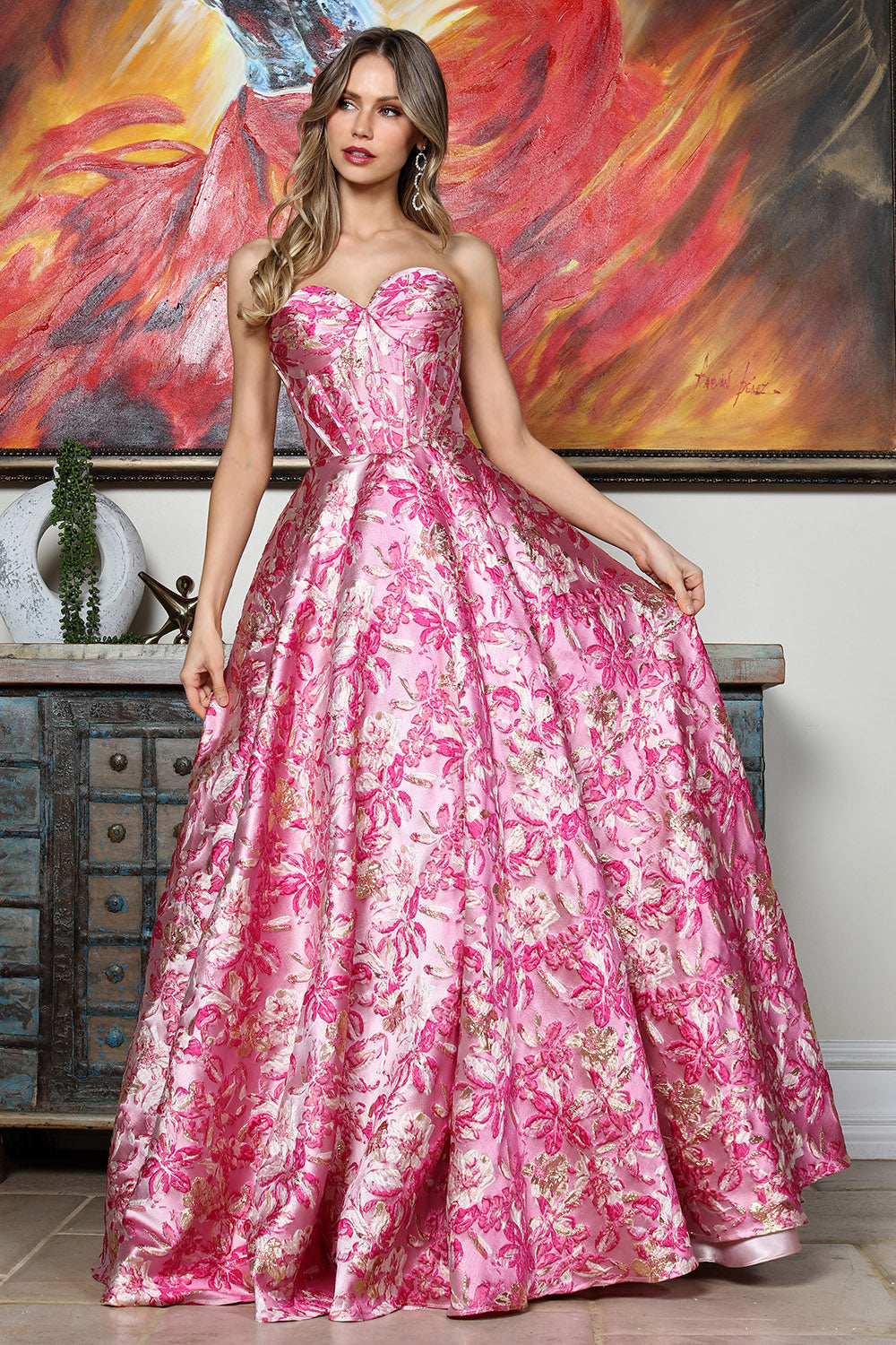 Romantic Floral Ball Gown with Sweetheart Corset Bodice and Full Skirt (3385)