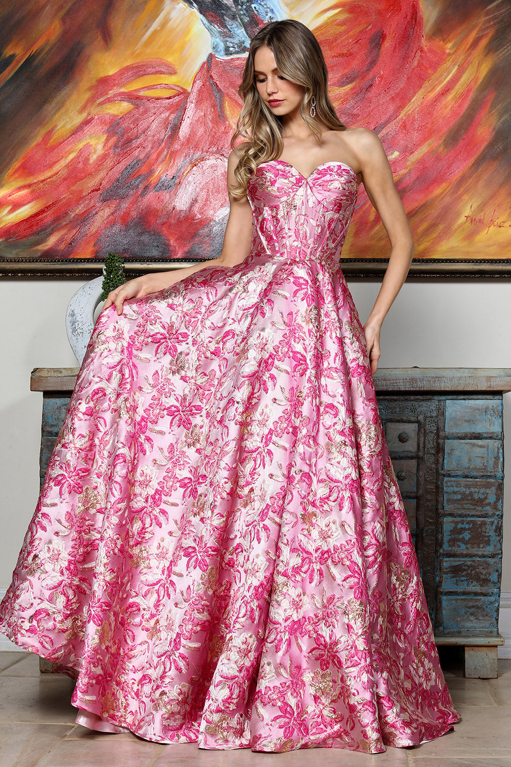Romantic Floral Ball Gown with Sweetheart Corset Bodice and Full Skirt (3385)