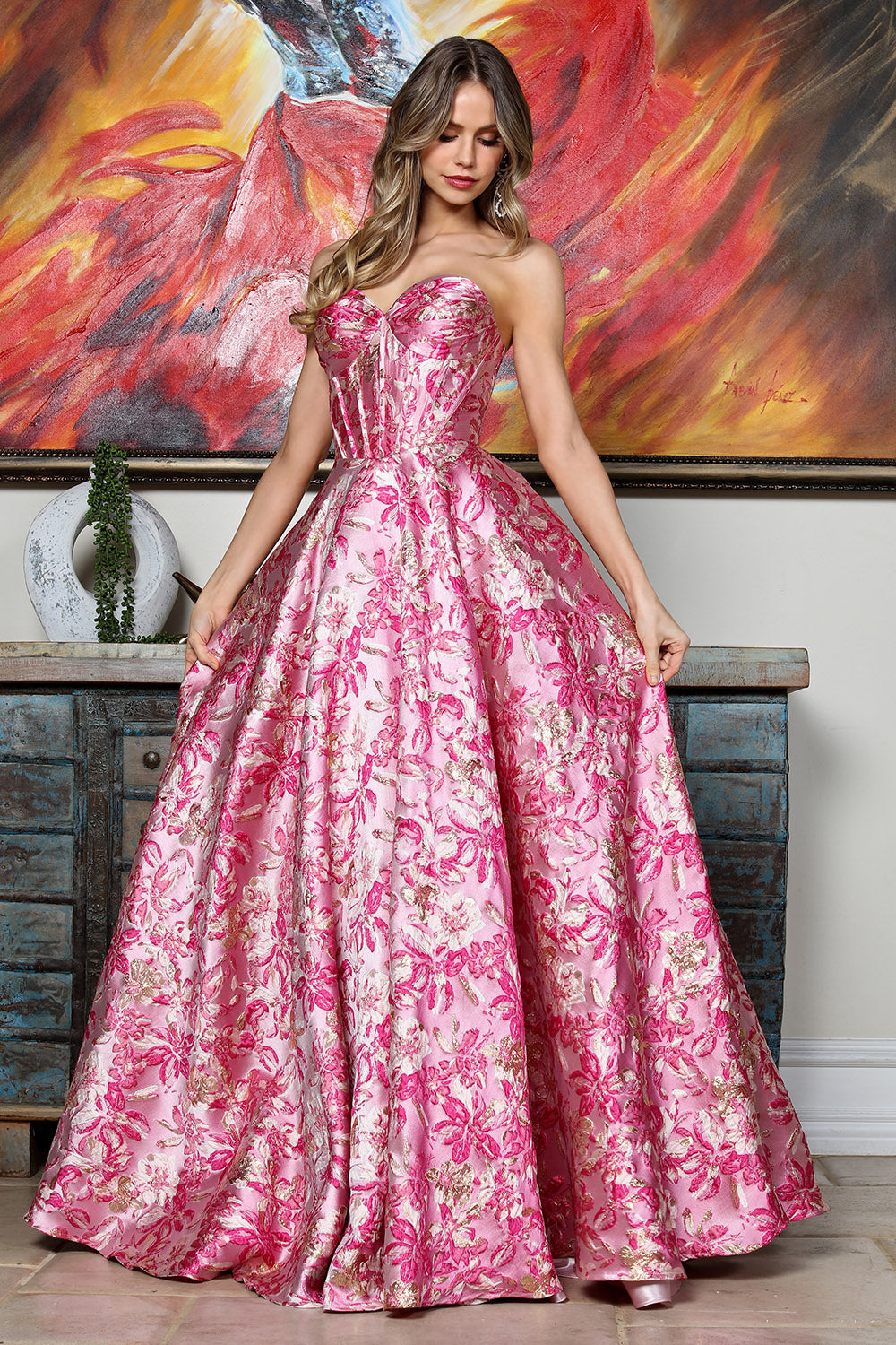 Romantic Floral Ball Gown with Sweetheart Corset Bodice and Full Skirt (3385)