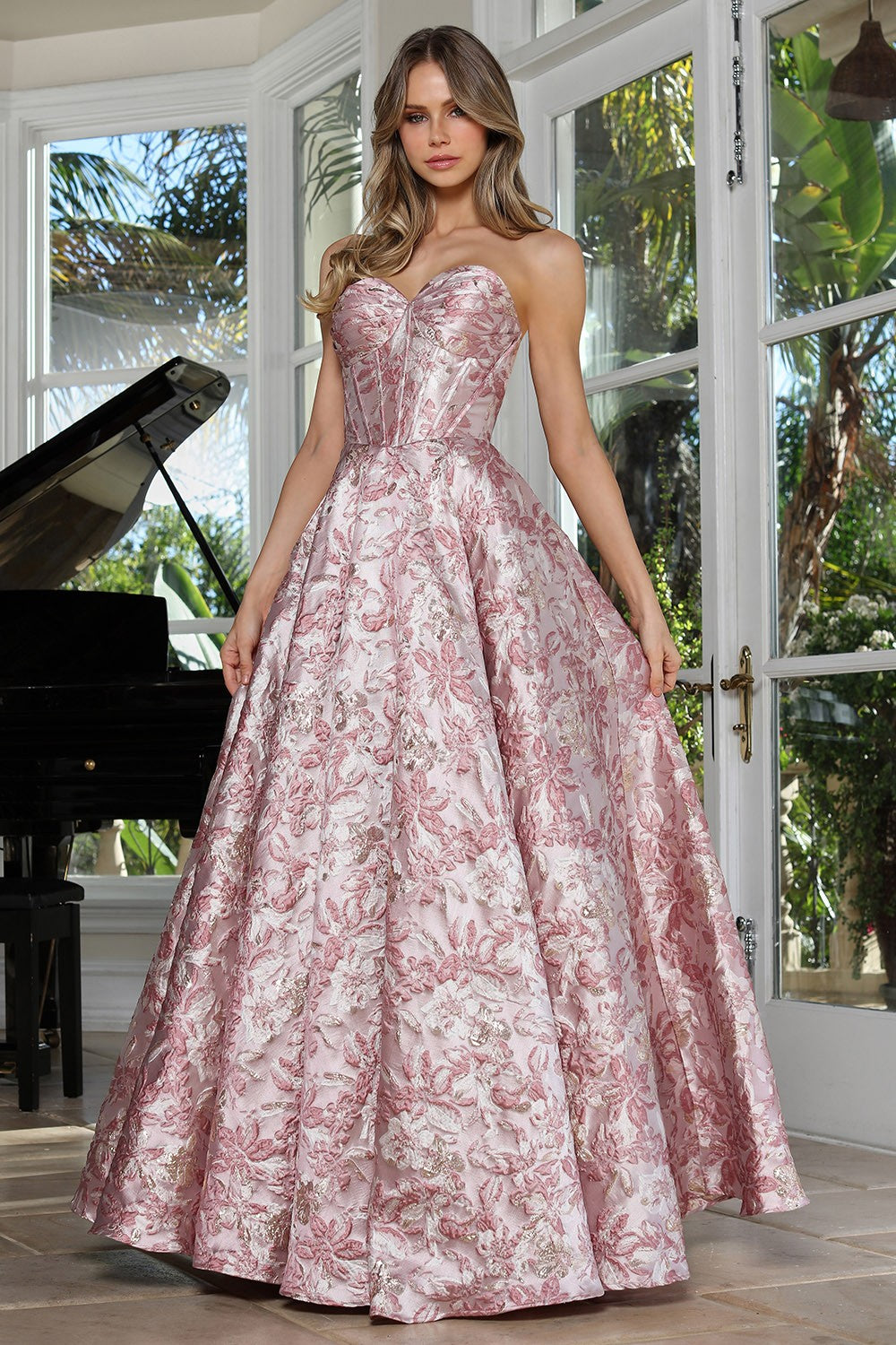 Romantic Floral Ball Gown with Sweetheart Corset Bodice and Full Skirt (3385)