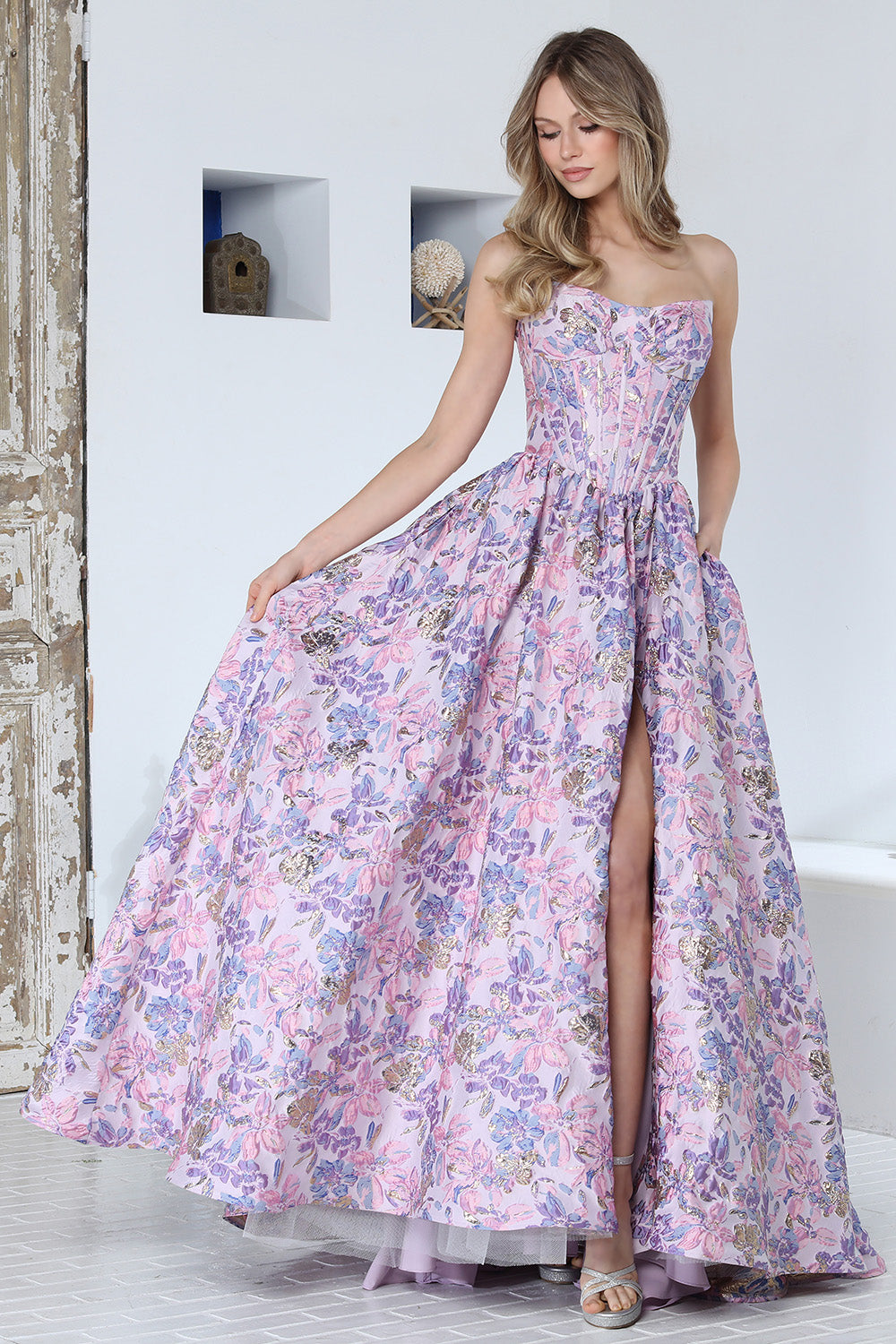 Romantic Strapless Floral Corset Ball Gown with High Slit and Lace-Up Back (3389)