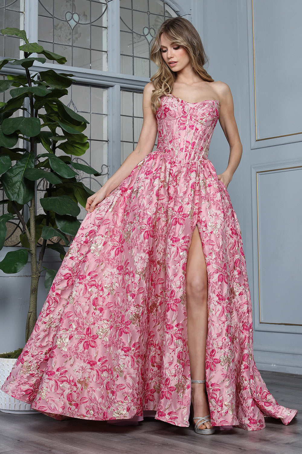 Romantic Strapless Floral Corset Ball Gown with High Slit and Lace-Up Back (3389)