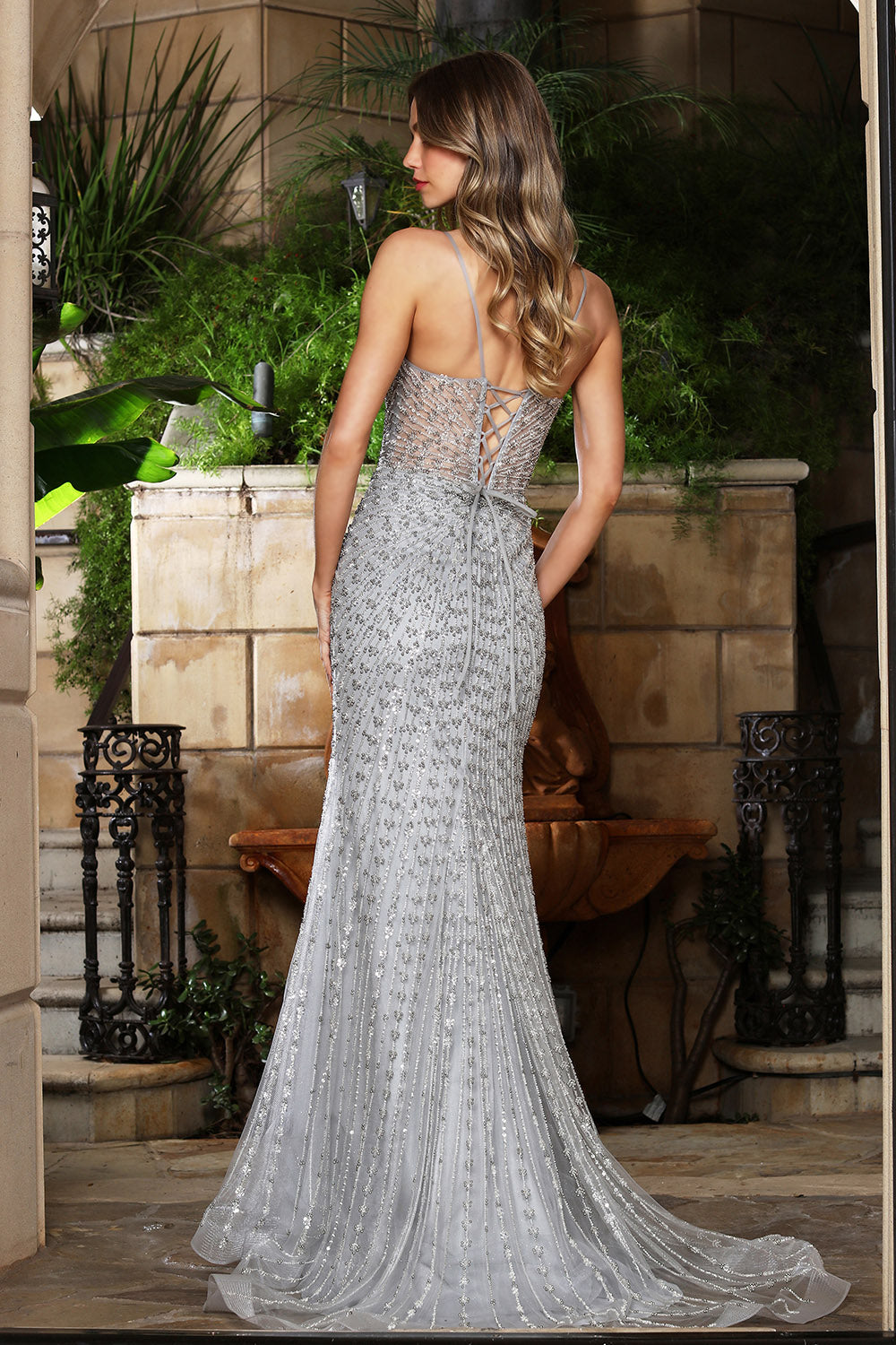 Radiant Beaded Spaghetti Strap Gown with Illusion Bodice and Lace-Up Back (3393)