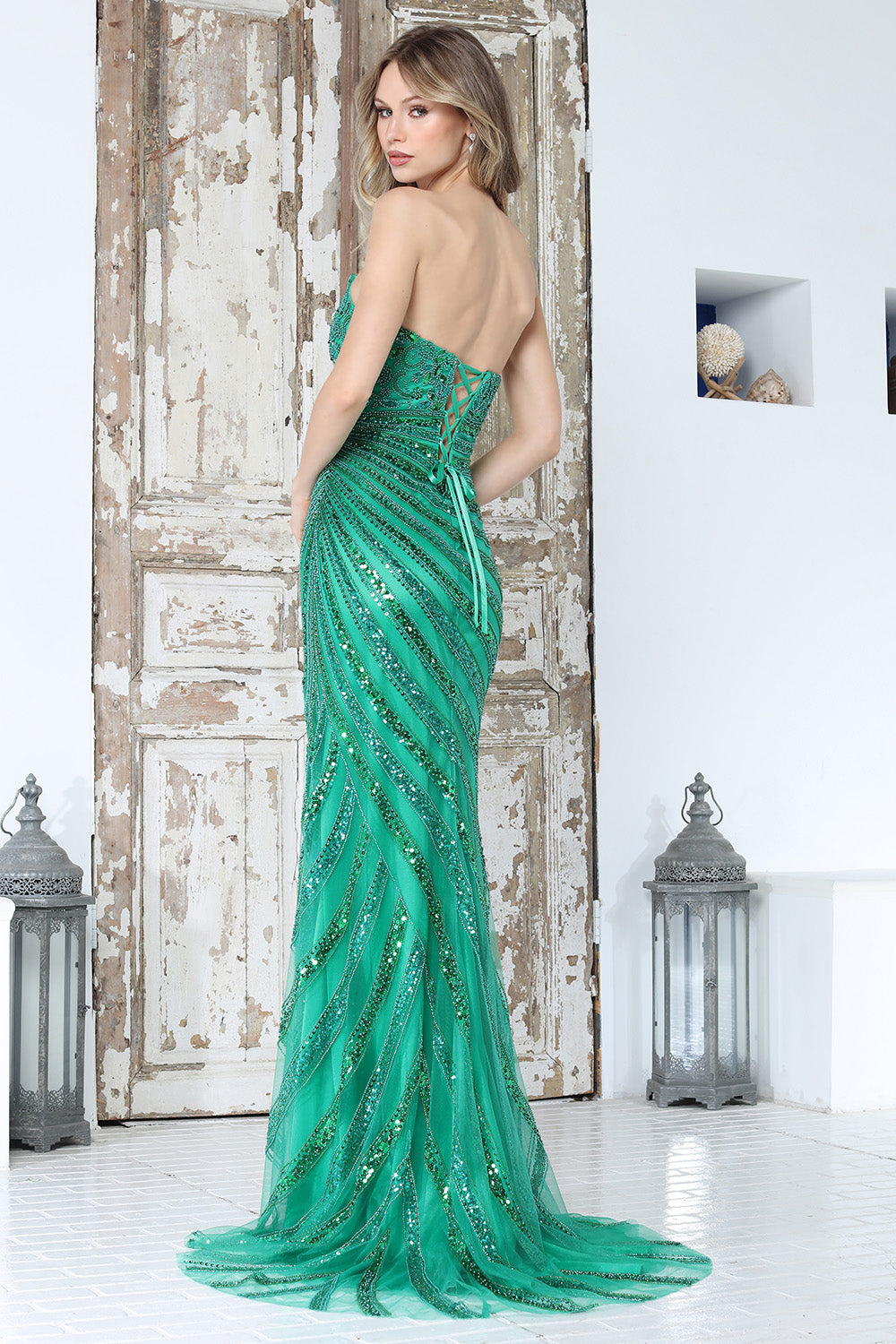 Strapless Embellished Corset Gown with Sheer Overlay and High Slit (3395)