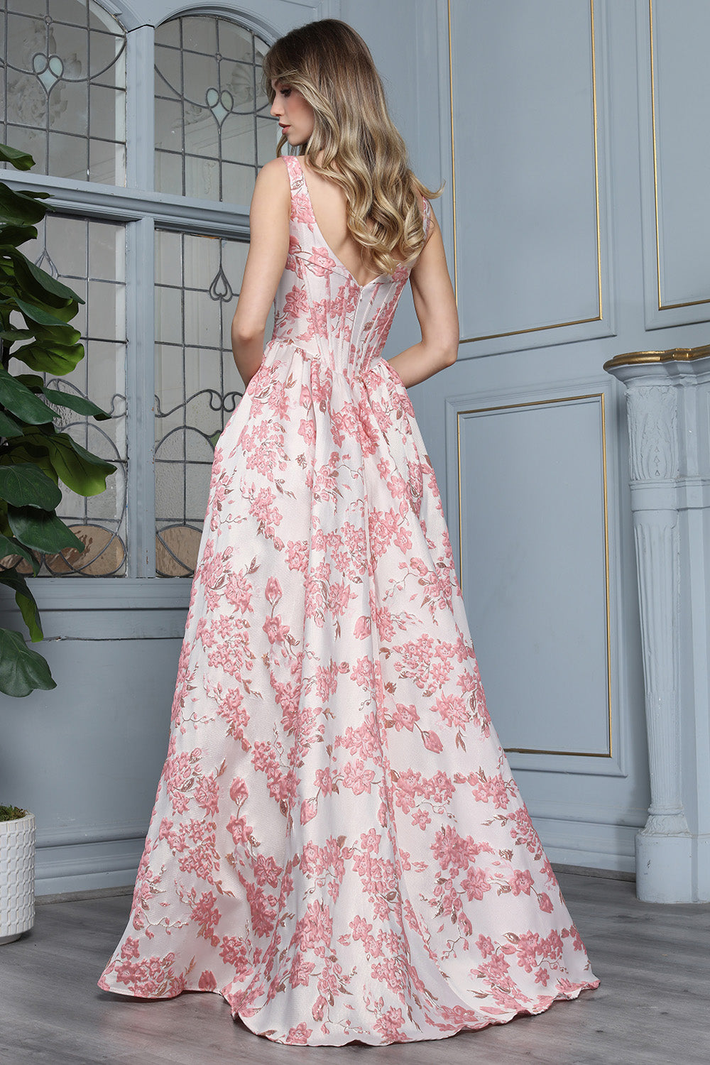 Romantic Floral Corset A-Line Gown with Square Neckline and Pockets (3396)