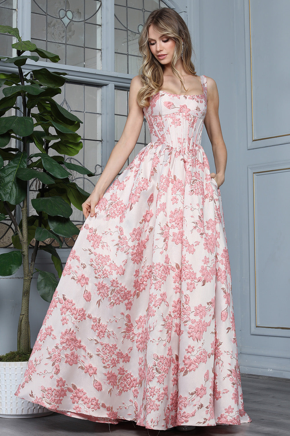 Romantic Floral Corset A-Line Gown with Square Neckline and Pockets (3396)