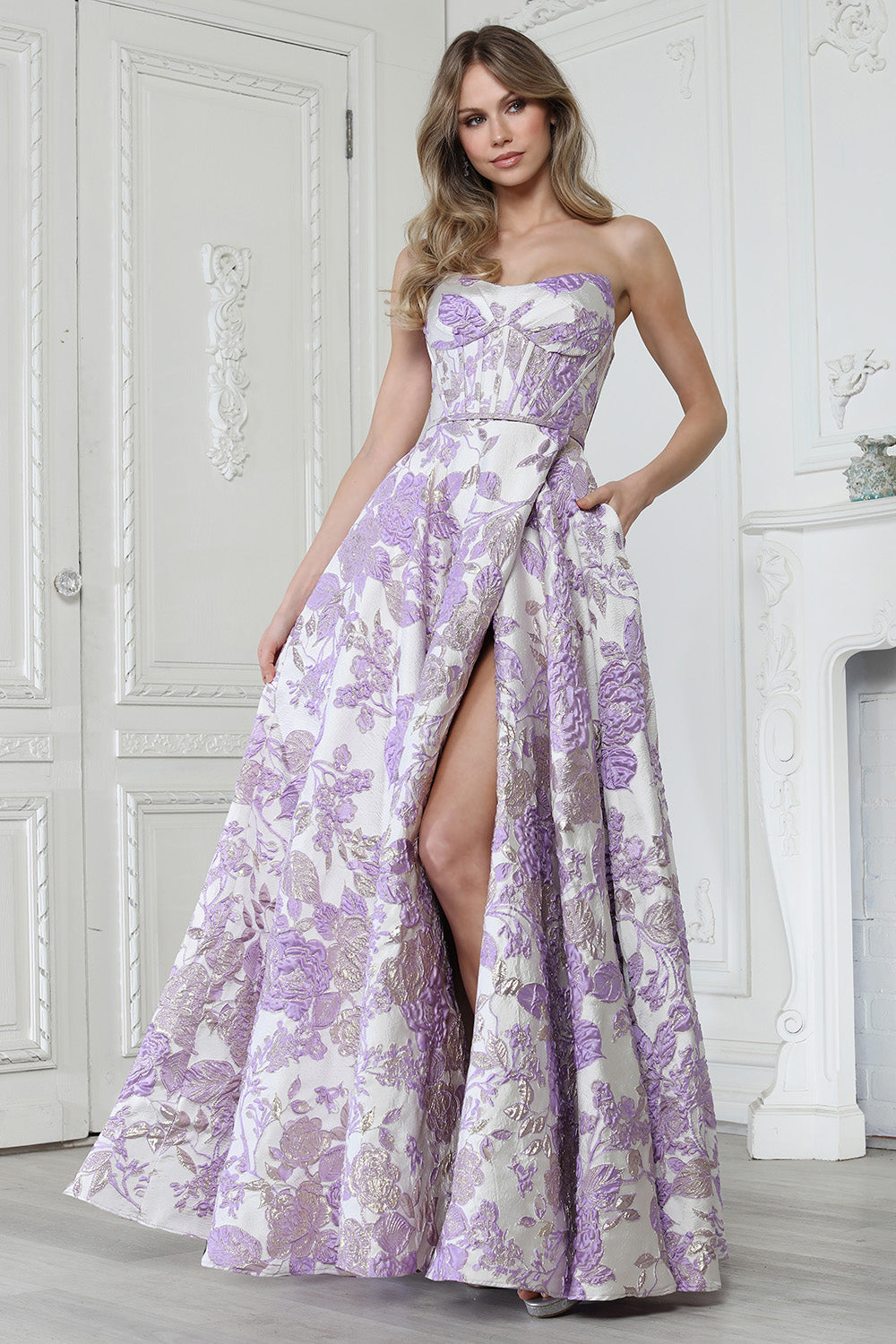 A-Line Strapless Formal Dress with Floral Jacquard (3397)