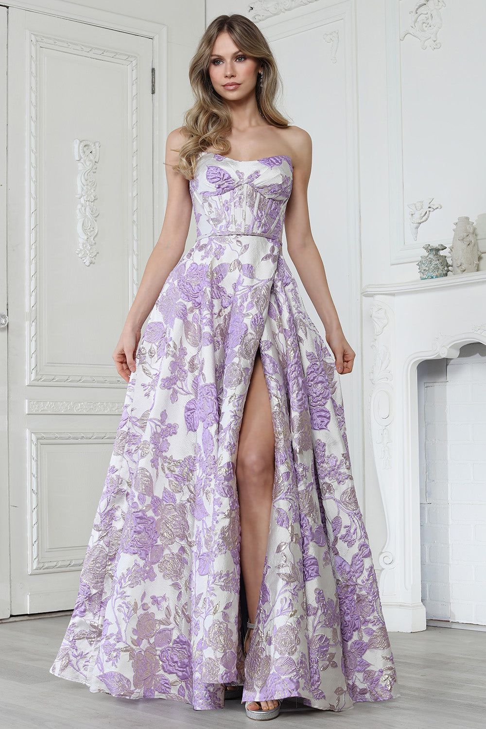 A-Line Strapless Formal Dress with Floral Jacquard (3397)