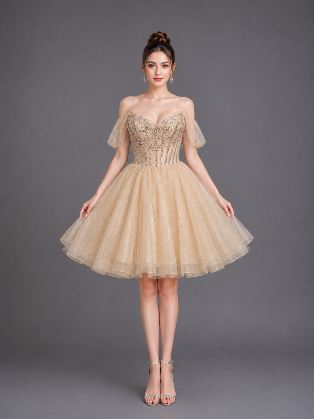 Off-Shoulder Embroidered Corset Dress with Glitter Tulle Skirt