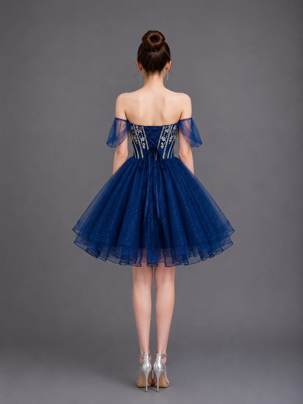 Off-Shoulder Embroidered Corset Dress with Glitter Tulle Skirt
