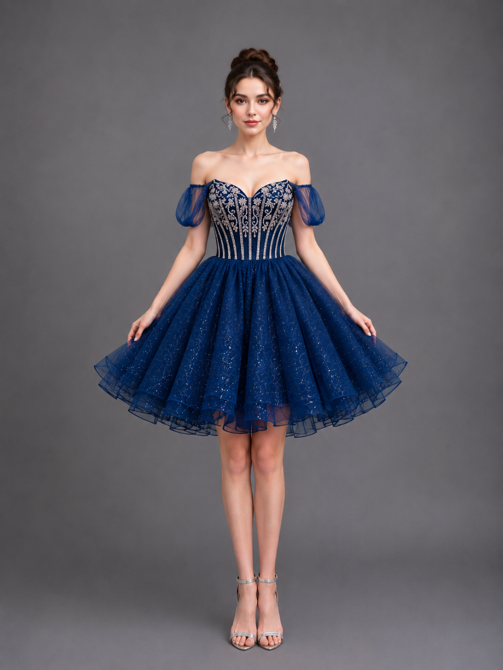 Off-Shoulder Embroidered Corset Dress with Glitter Tulle Skirt