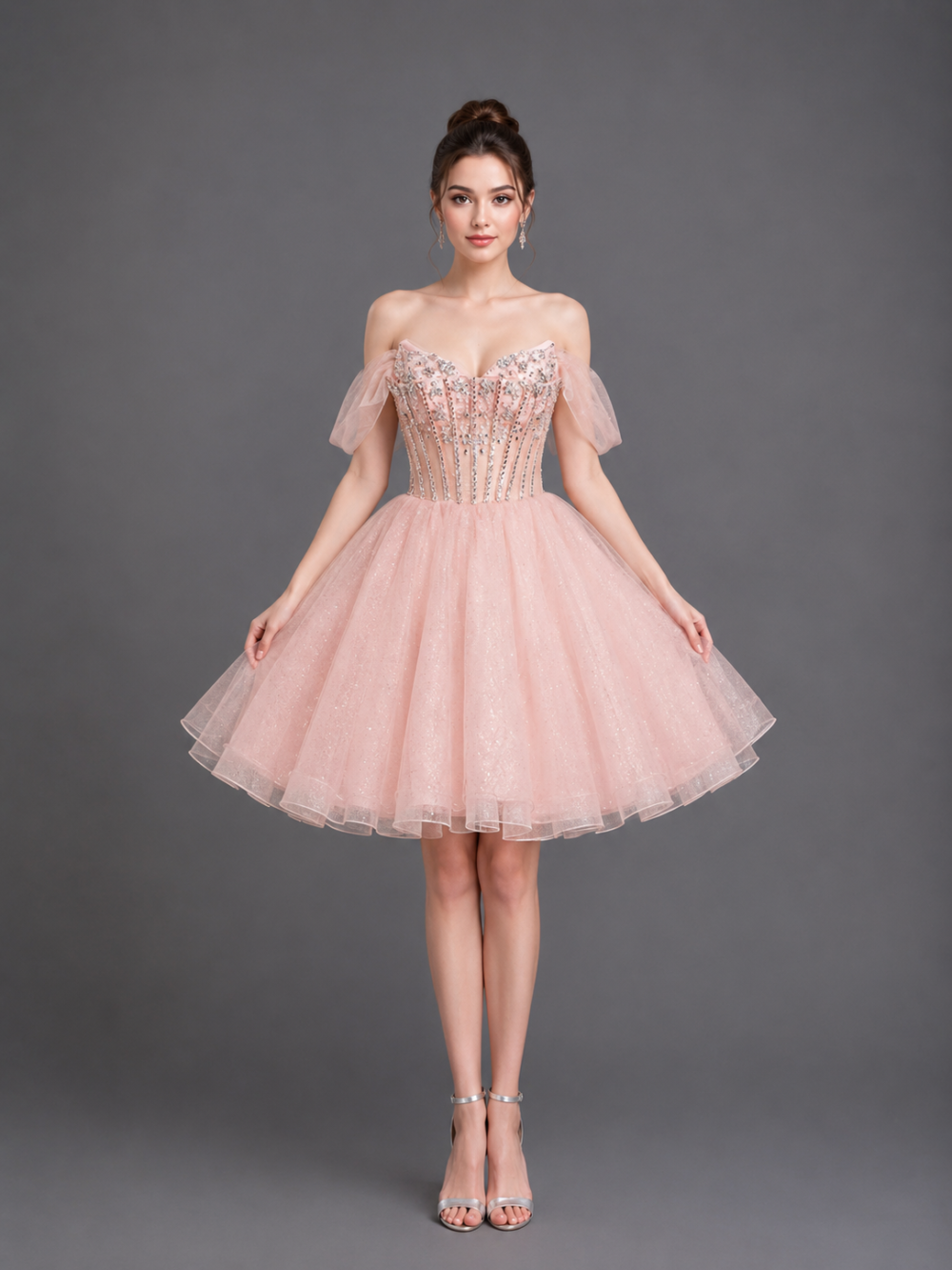 Off-Shoulder Embroidered Corset Dress with Glitter Tulle Skirt