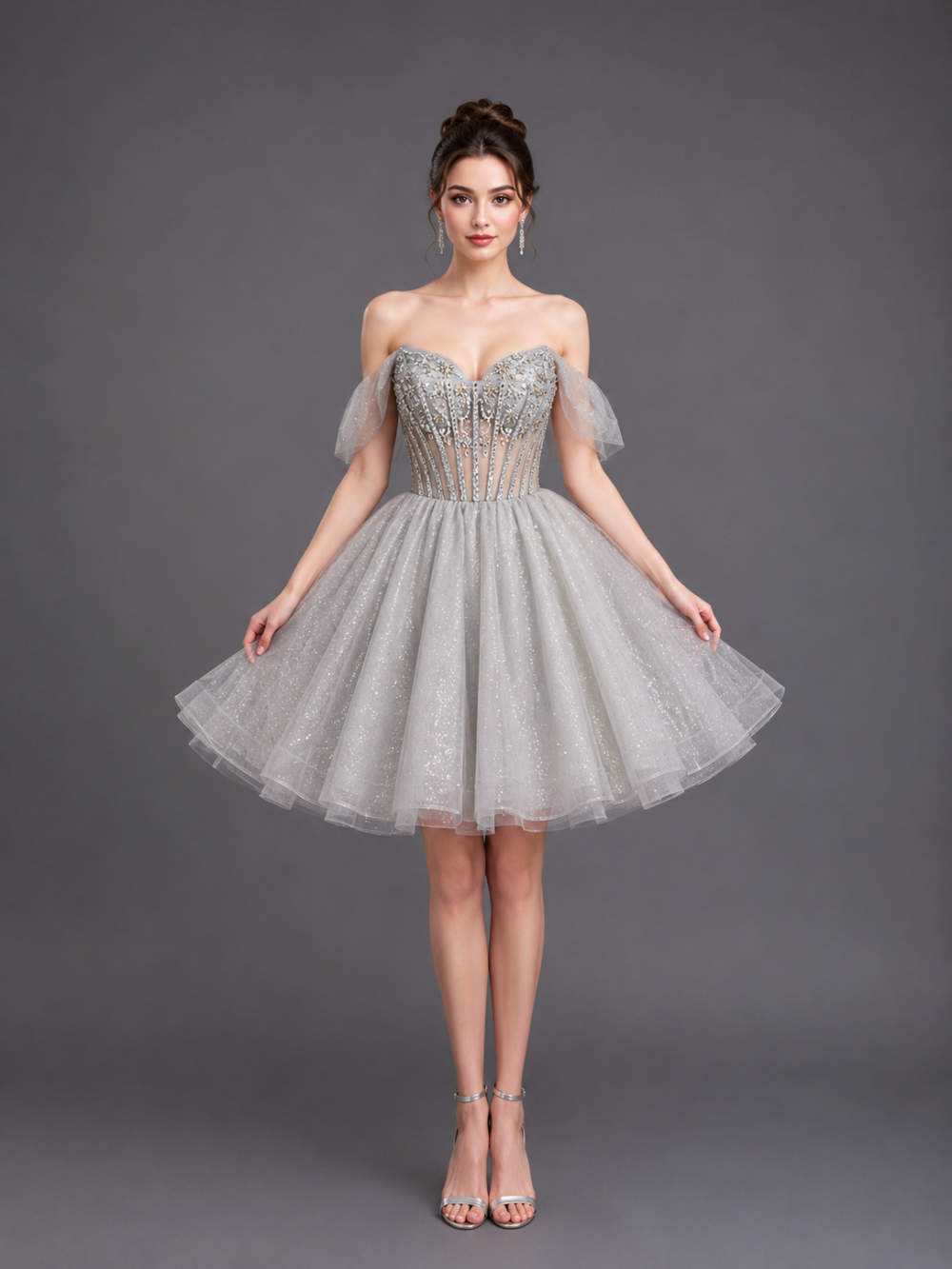 Off-Shoulder Embroidered Corset Dress with Glitter Tulle Skirt