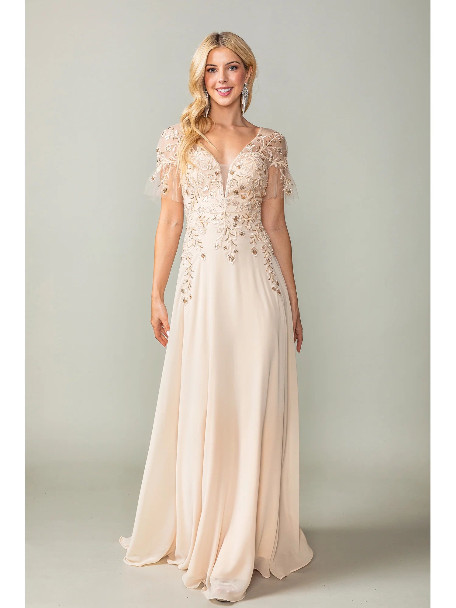 V Neck Flutter Sleeve Prom Dress with Embroidered Applique (4378)