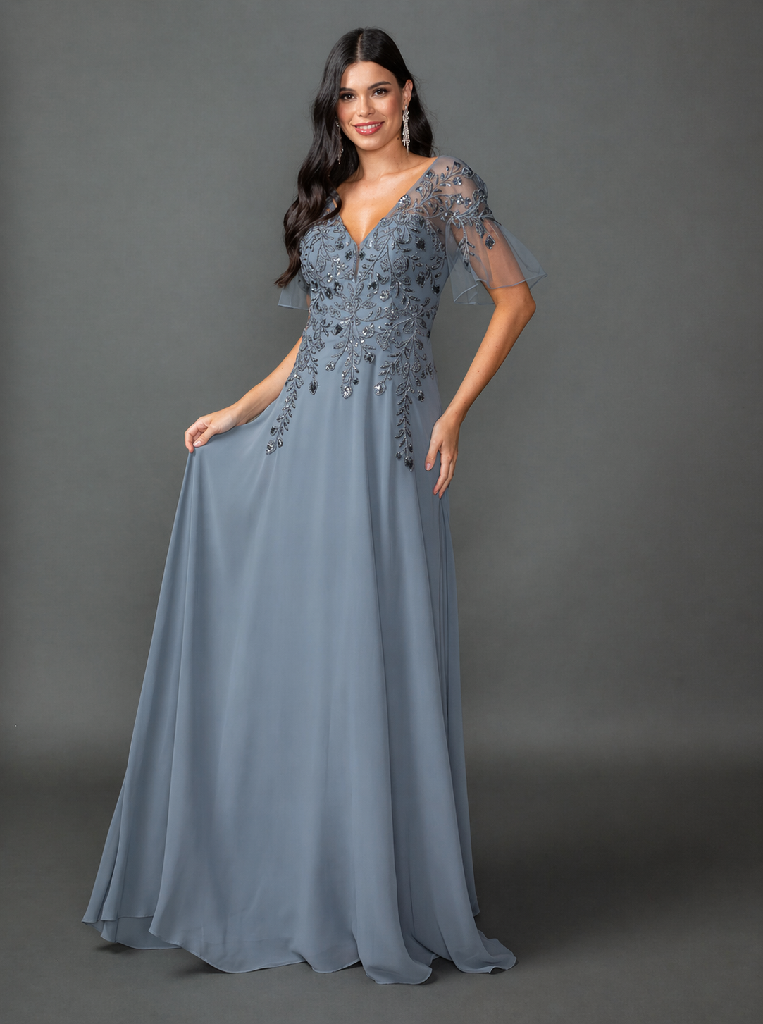Elegant Embroidered A-Line Gown with Illusion Sleeves and V-Neckline (4378)