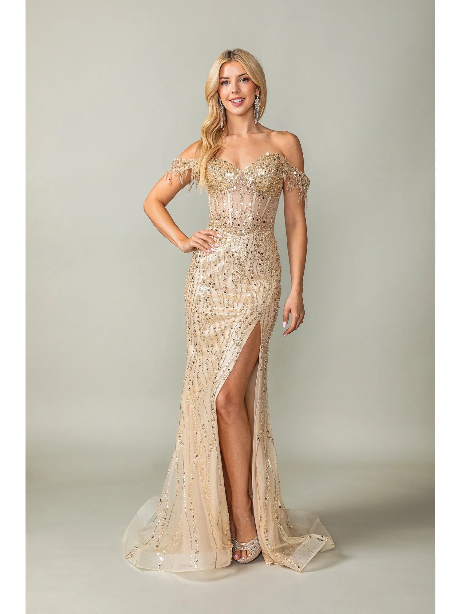 Beaded Sequin Off-Shoulder Mermaid Gown With Sheer Bodice Fitted Gown (4385)