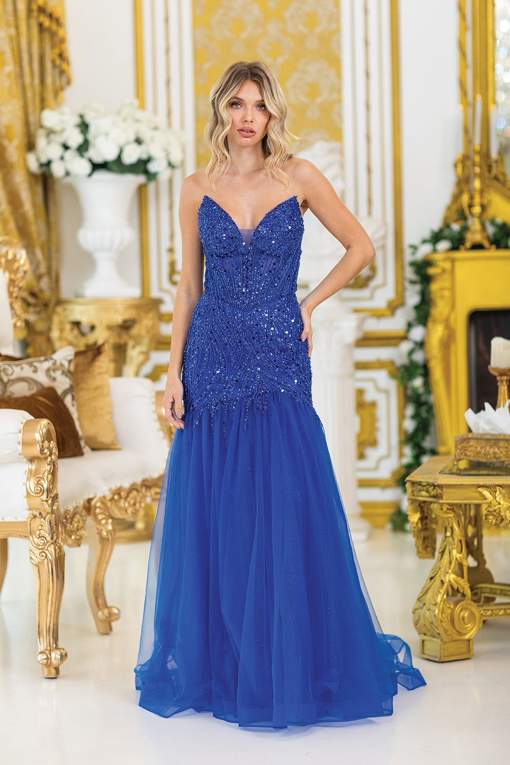 Spaghetti Strap Sequined Prom Dress with Sheer Overlay and Flared Skirt (4468)