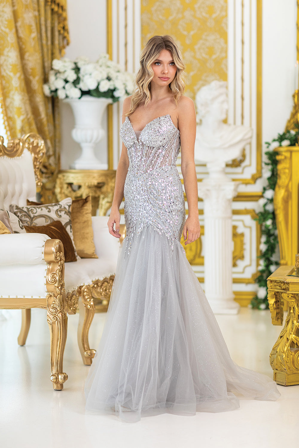 Spaghetti Strap Sequined Prom Dress with Sheer Overlay and Flared Skirt (4468)