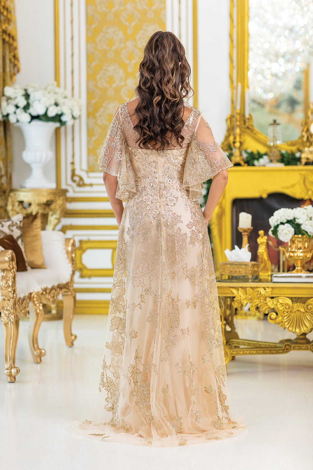 Embellished A-Line Dress with Sheer Cape Sleeves and High Slit (4493)