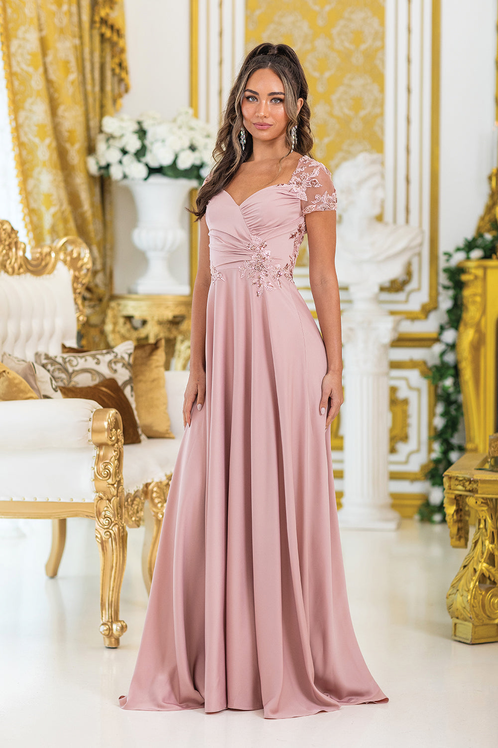 A-Line Evening Gown with Embroidered Floral Lace Details and Short Sleeves (4499)