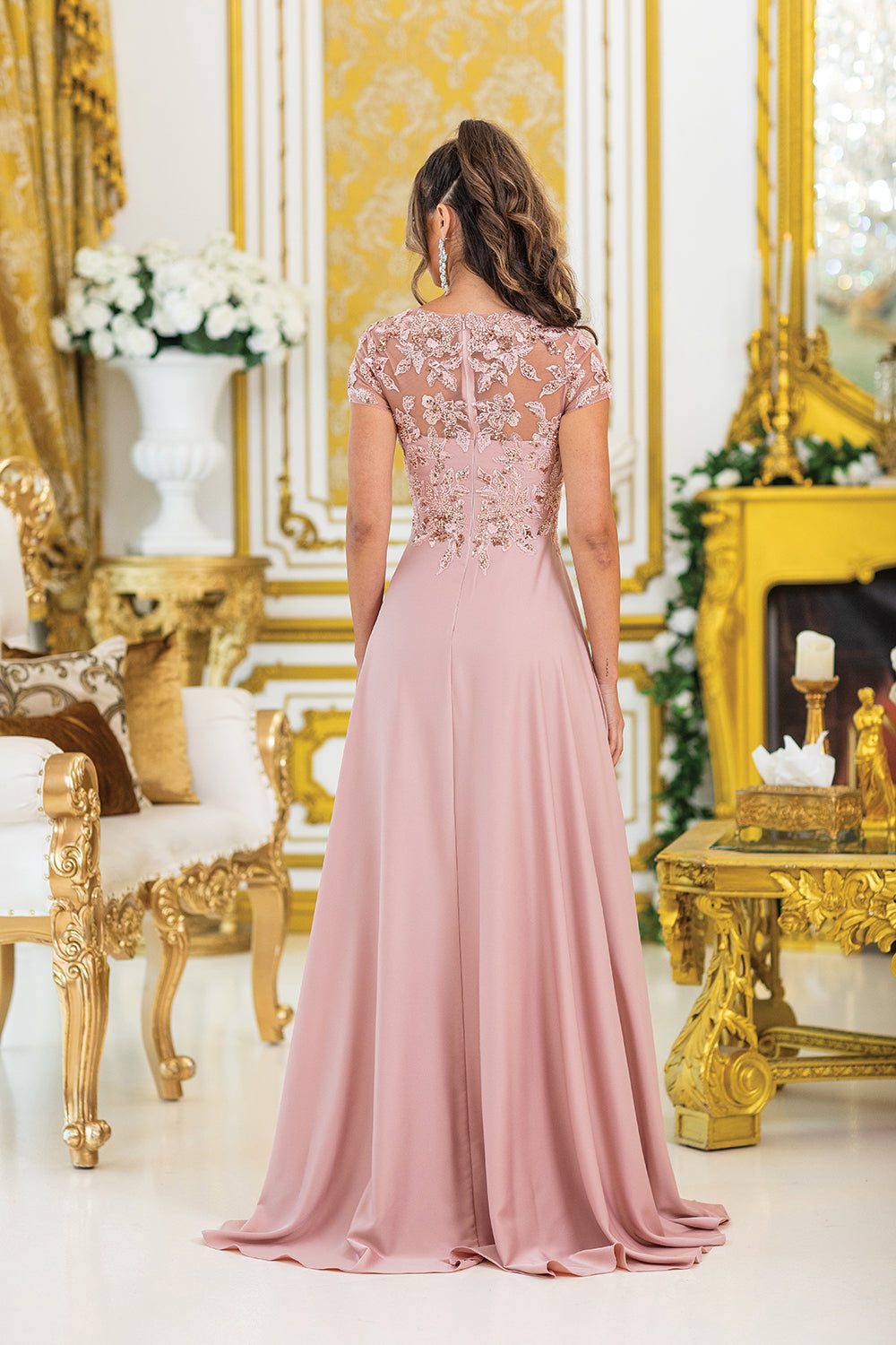 A-Line Evening Gown with Embroidered Floral Lace Details and Short Sleeves (4499)