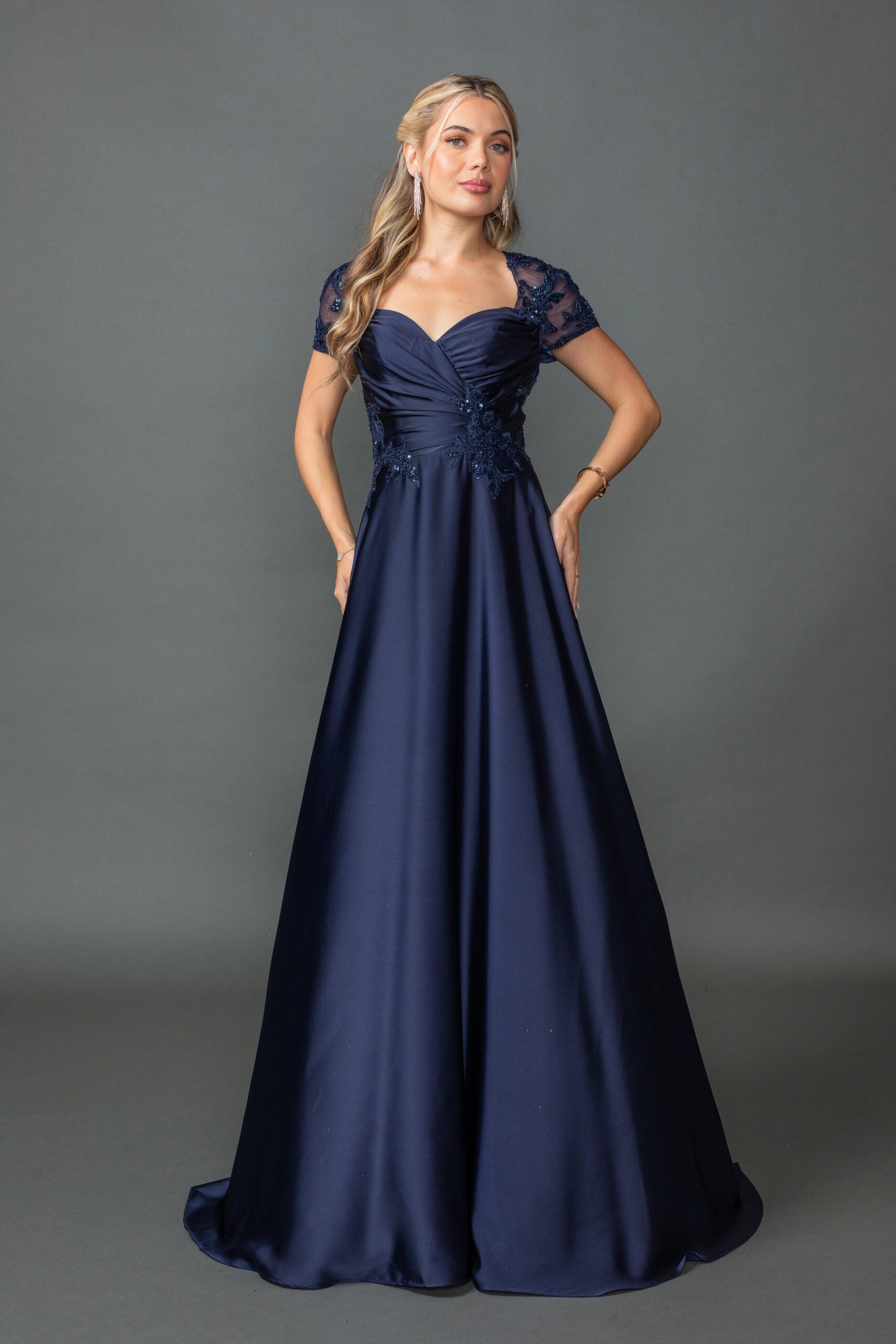 A-Line Evening Gown with Embroidered Floral Lace Details and Short Sleeves (4499)