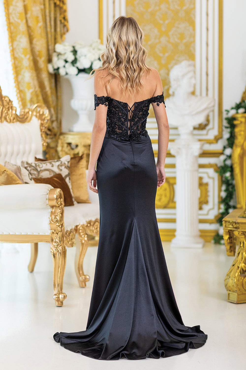 Off-Shoulder Satin Dress with Intricate Beaded Corset Bodice and Side Slit (4528)