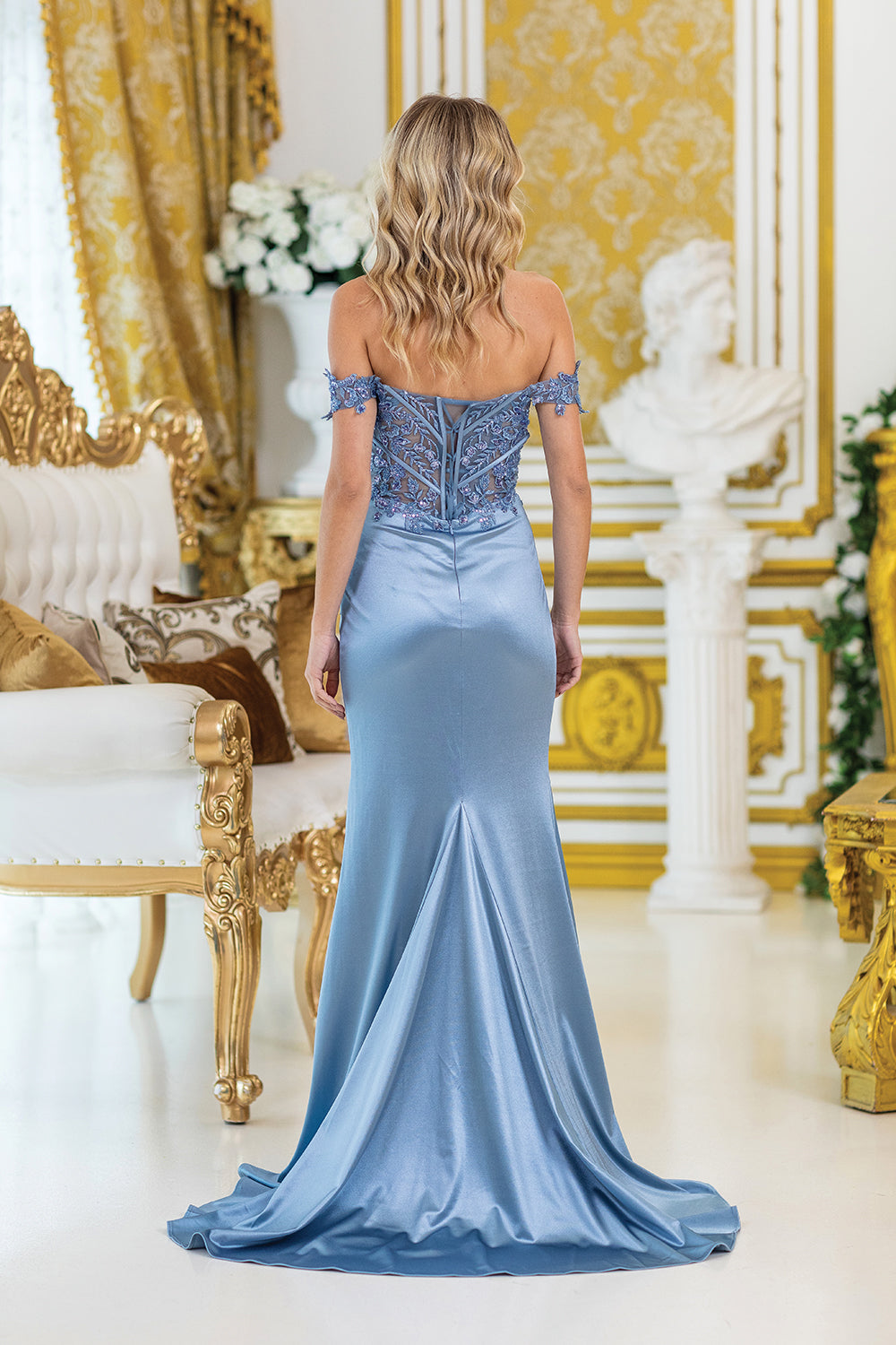 Off Shoulder Satin Prom Dress with Intricate Beaded Corset Bodice and Side Slit (4528)