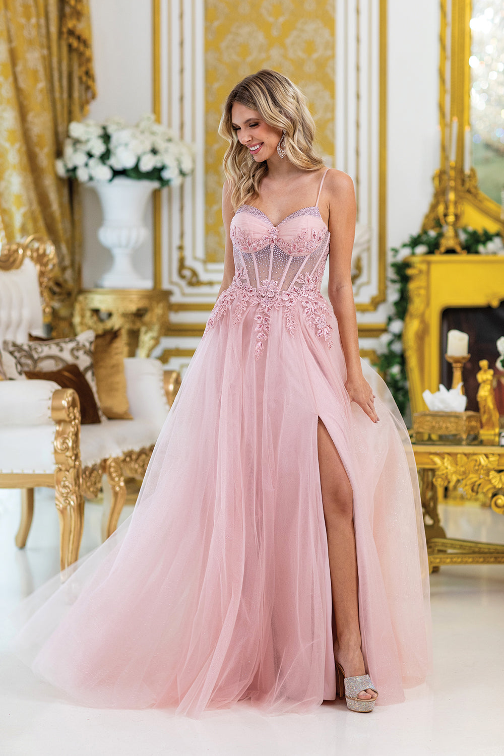 Strapless Prom Dress with Beaded Corset Bodice and Sheer A Line Skirt with Side Slit (4529)