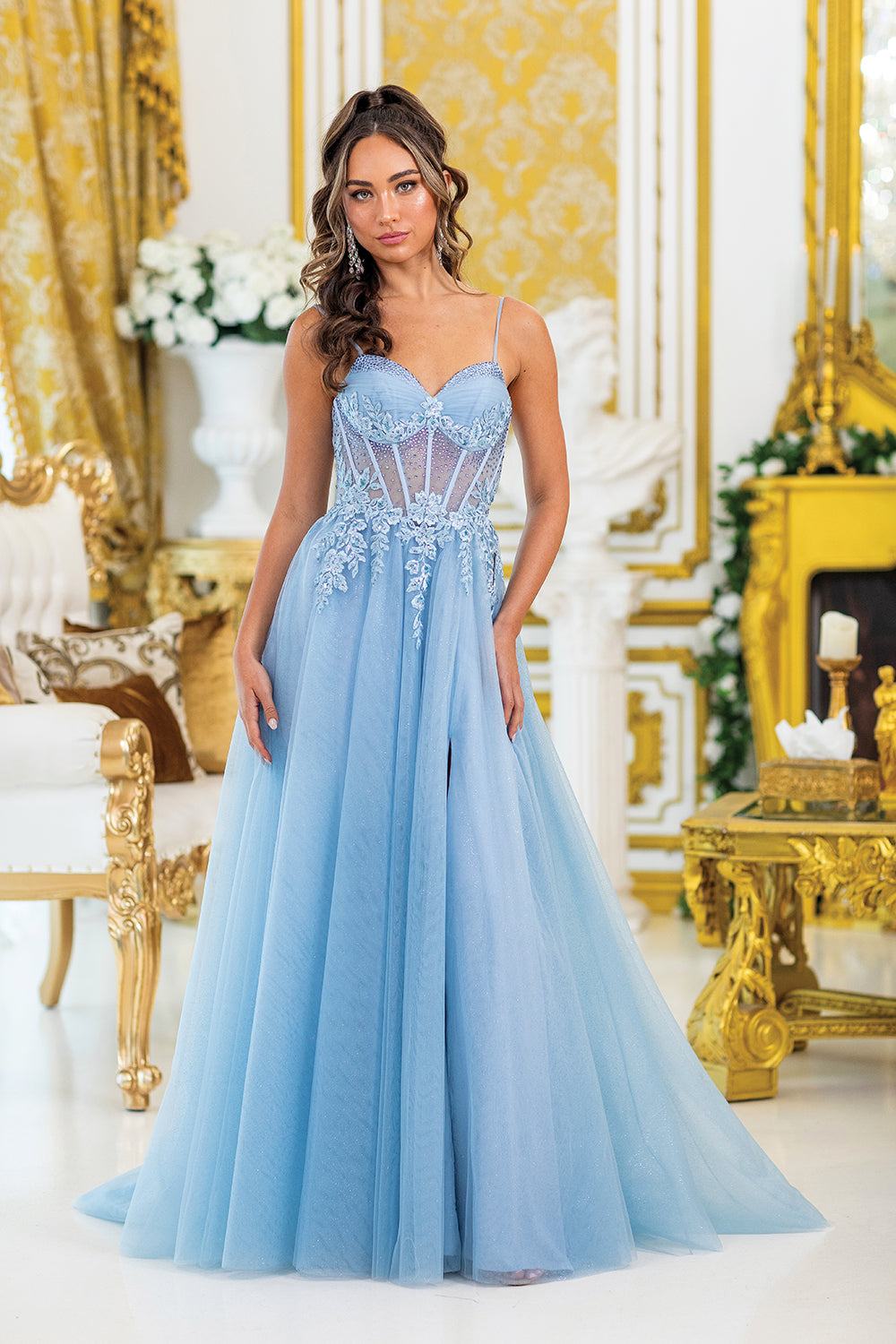Beaded Corset Bodice and Sheer A-Line Skirt with Side Slit (4529)