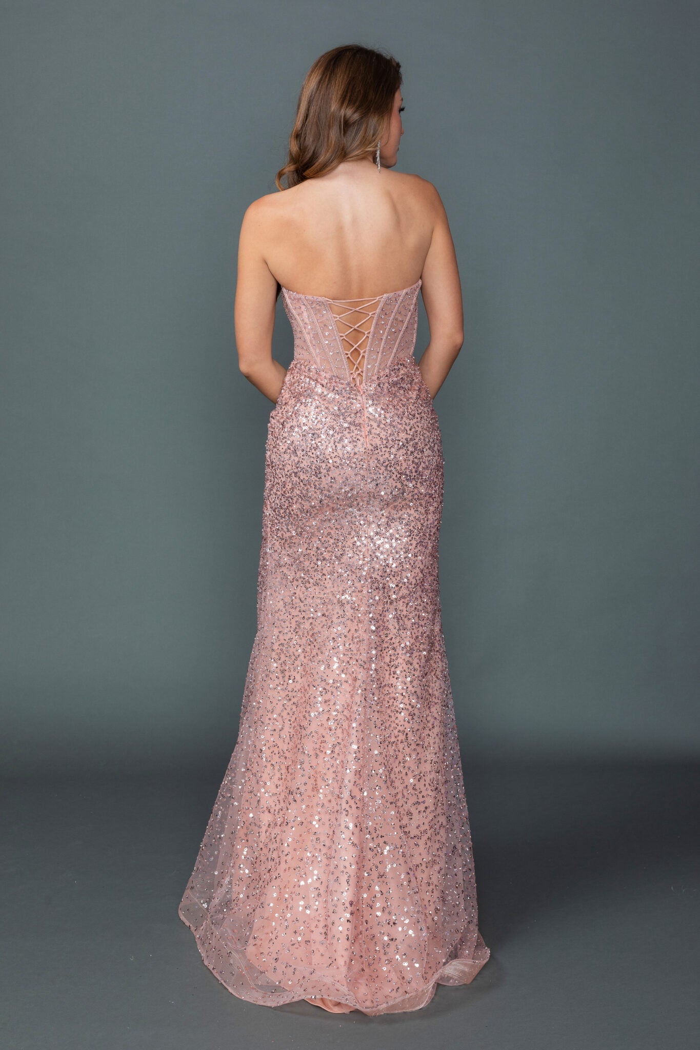 Strapless Sequin Embellished Bodice and Fitted Dress With Slit (4534)